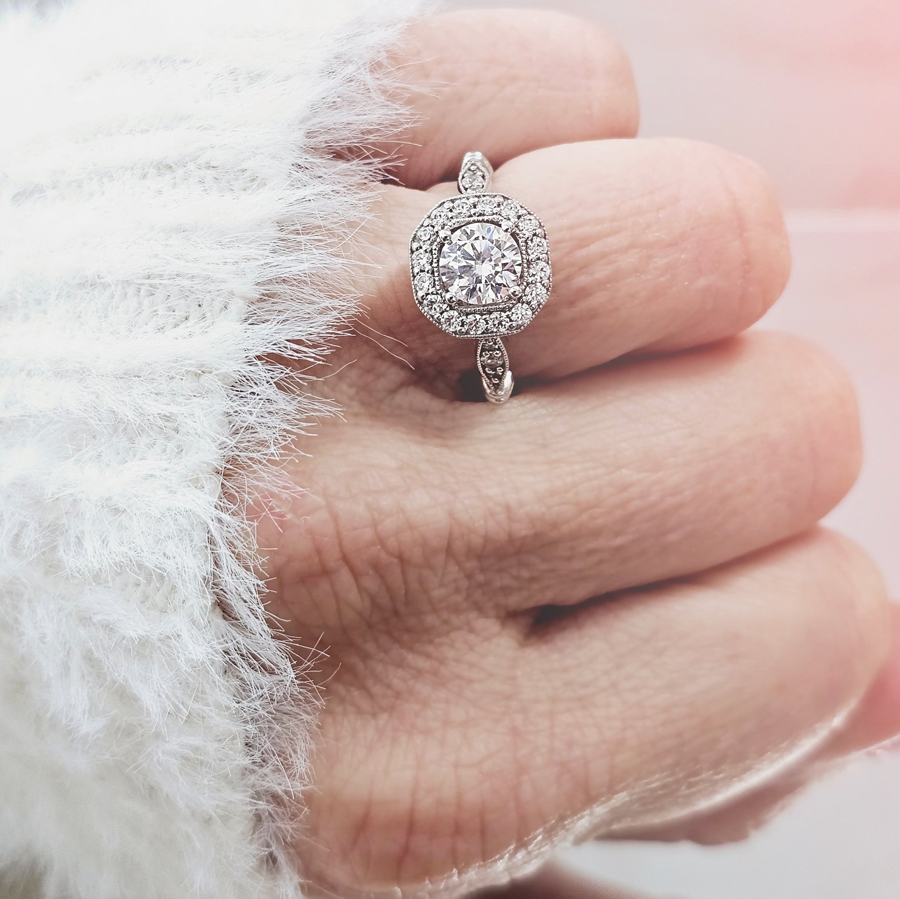 Round Diamond Squared Halo Vintage Inspired Engagement Ring-Engagement Ring-Ashley Schenkein Jewelry Design