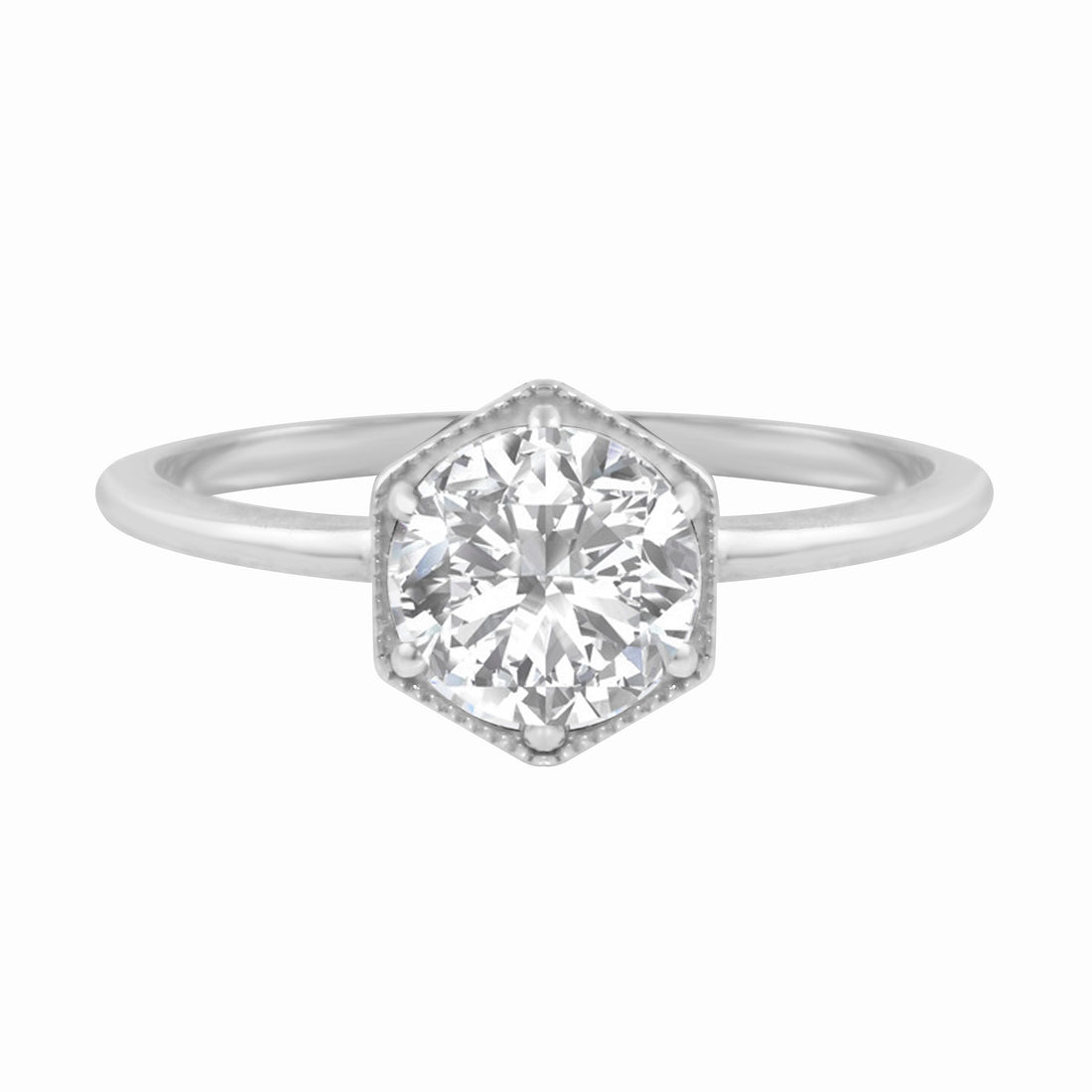 Round Brilliant Diamond Hexagon Engagement Ring-Engagement Ring-Ashley Schenkein Jewelry Design