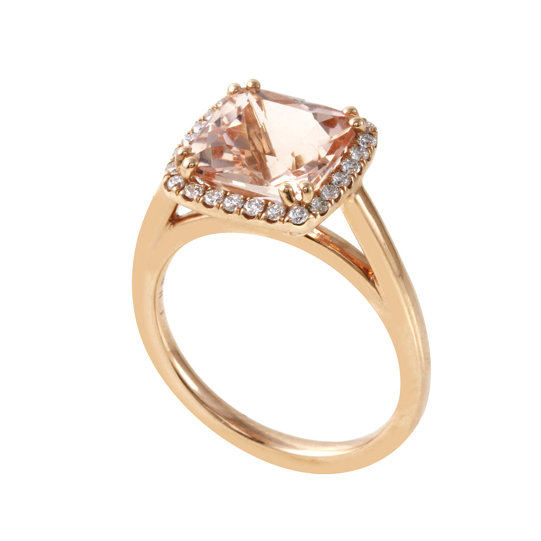 Morganite Cushion-Cut Diamond Pavé Halo and Band Engagement Ring-Engagement Ring-Ashley Schenkein Jewelry Design