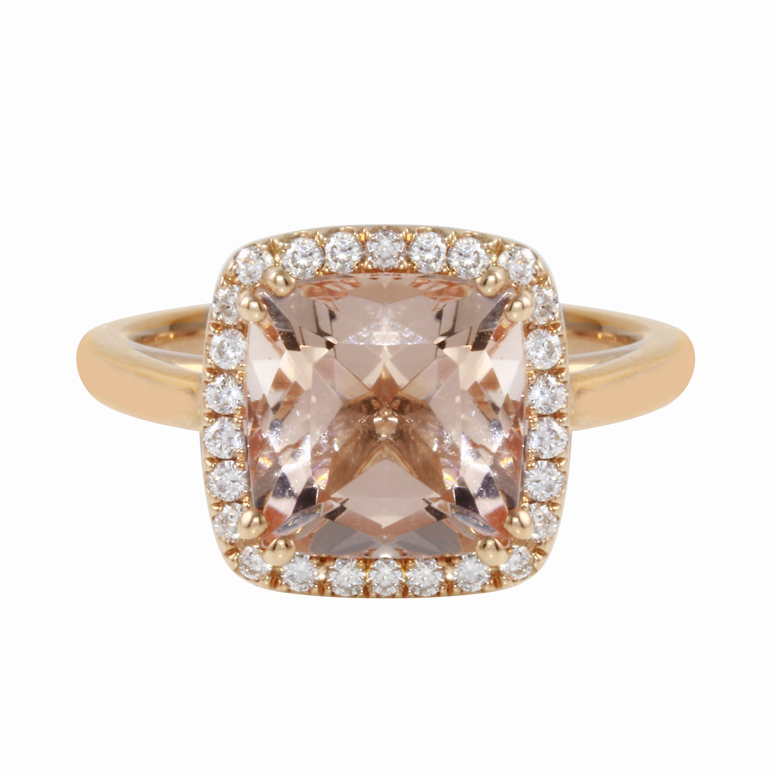 Morganite Cushion-Cut Diamond Pavé Halo and Band Engagement Ring-Engagement Ring-Ashley Schenkein Jewelry Design