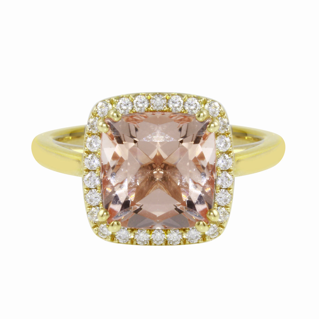 Morganite Cushion-Cut Diamond Pavé Halo and Band Engagement Ring-Engagement Ring-Ashley Schenkein Jewelry Design