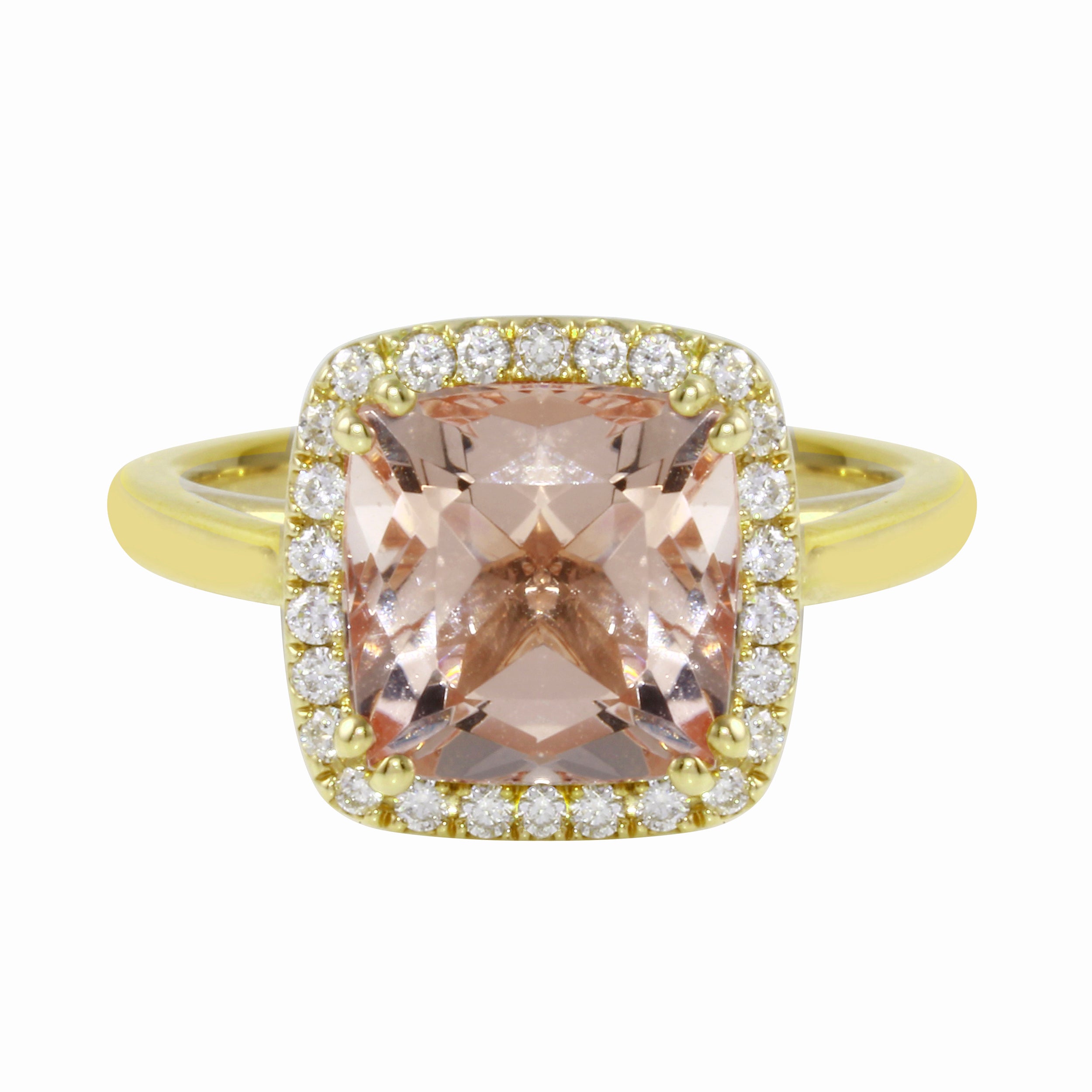 Morganite Cushion-Cut Diamond Pavé Halo and Band Engagement Ring-Engagement Ring-Ashley Schenkein Jewelry Design