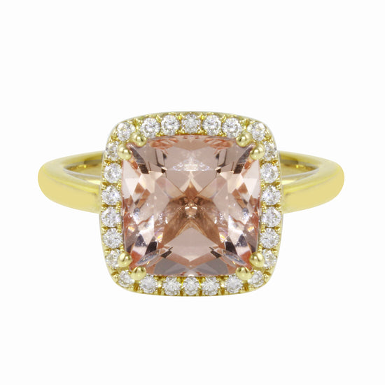 Morganite Cushion-Cut Diamond Pavé Halo and Band Engagement Ring-Engagement Ring-Ashley Schenkein Jewelry Design