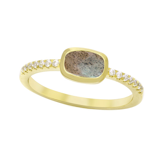 Elongated Cushion Gemstone Ring with CZ Pavé Band-Rings-Ashley Schenkein Jewelry Design