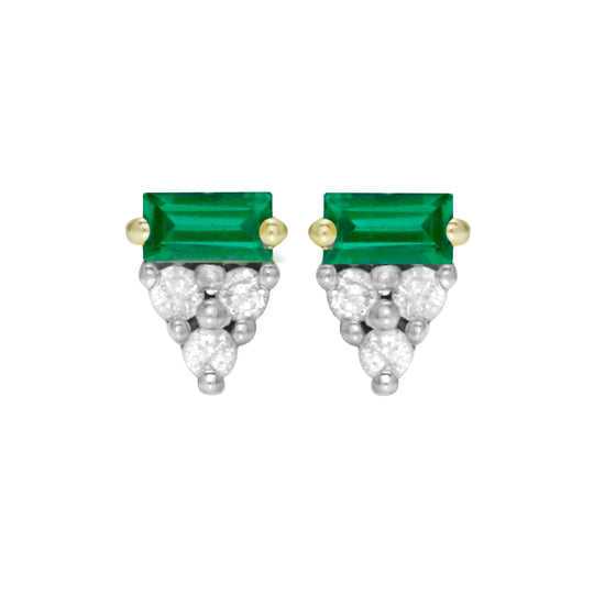 Emerald Baguette and Diamond Trio Pavé Stud Earrings, 14k-Earrings-Ashley Schenkein Jewelry Design