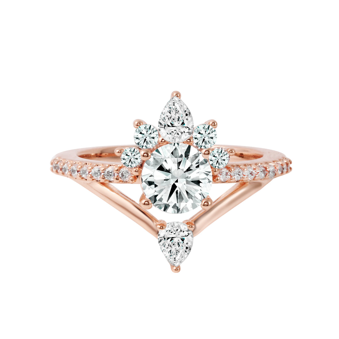 Round Diamond Starburst V-Shaped Engagement Ring-Engagement Ring-Ashley Schenkein Jewelry Design