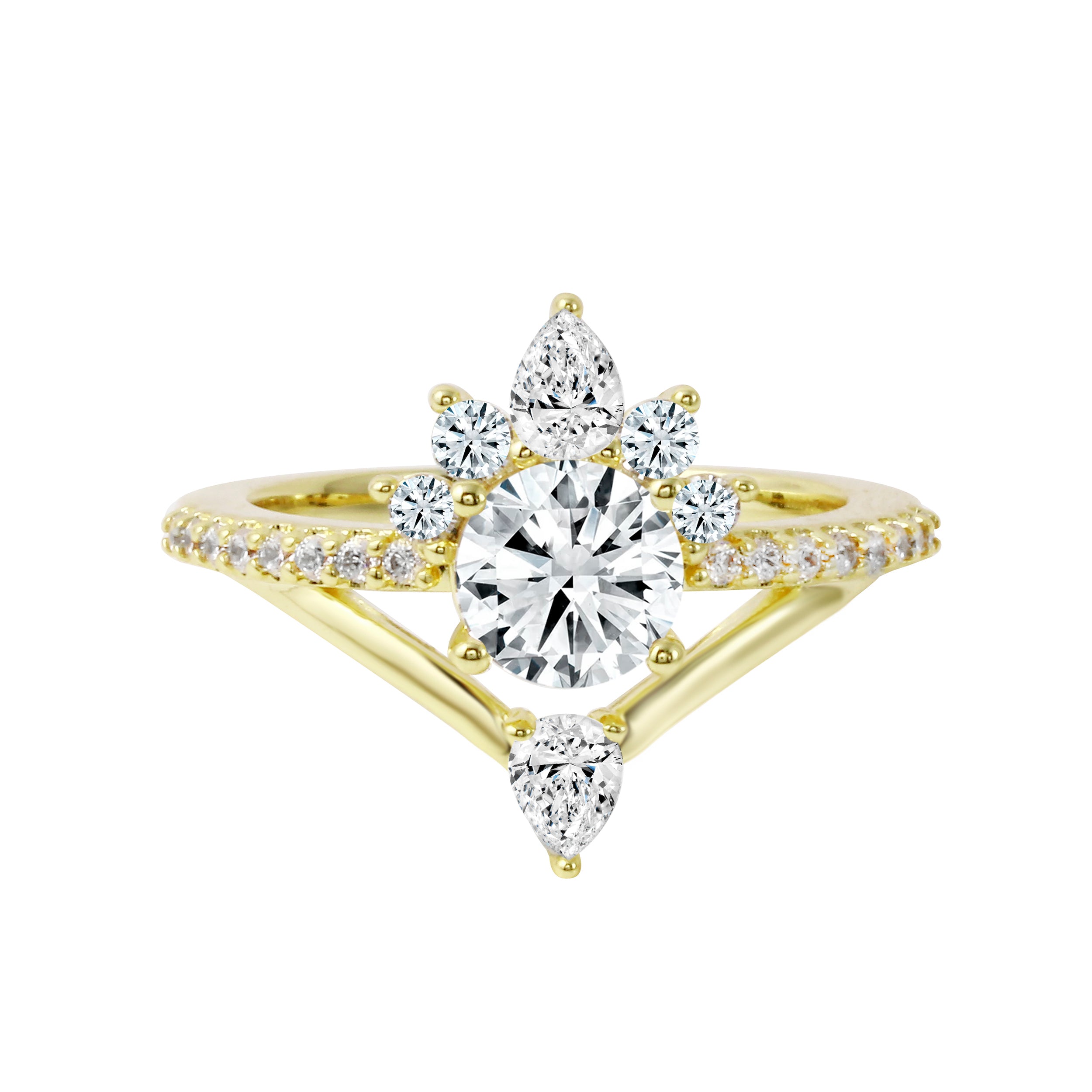 Round Diamond Starburst V-Shaped Engagement Ring-Engagement Ring-Ashley Schenkein Jewelry Design